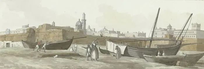 Framed Print : View of the port of Bari on the south side, 1778. Creator: Louis Ducros Framed Print : View of the port of Bari on the south side, 1778. Creator: Louis Ducros