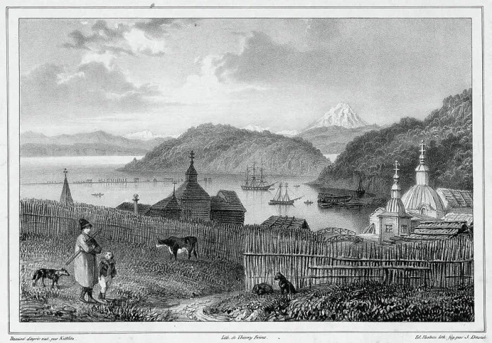 Framed Print : View of the port of St Peter and St Paul, Kamchatka, 19th century. Creators: Friedrich Heinrich Kittlitz, Edouard Jean Marie Hostein Framed Print : View of the port of St Peter and St Paul, Kamchatka, 19th century. Creators: Friedrich Heinrich Kittlitz, Edouard Jean Marie Hostein