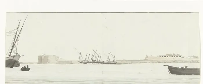 Framed Print : View of the port of Trani from the water, 1778. Creator: Louis Ducros Framed Print : View of the port of Trani from the water, 1778. Creator: Louis Ducros