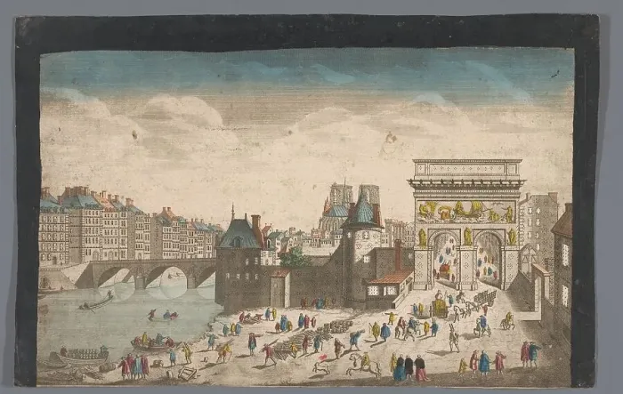 Framed Print : View of the Porte Saint-Bernard and the Pont de la Tournelle over the Seine River in Paris, 1745-75. Creator: Anon Framed Print : View of the Porte Saint-Bernard and the Pont de la Tournelle over the Seine River in Paris, 1745-75. Creator: Anon