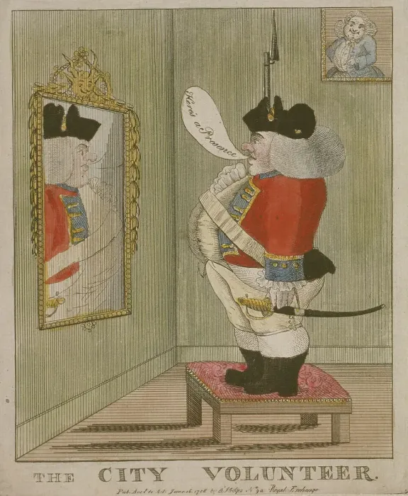 Framed Print : View of a portly City volunteer admiring himself in the mirror, 1785 Framed Print : View of a portly City volunteer admiring himself in the mirror, 1785