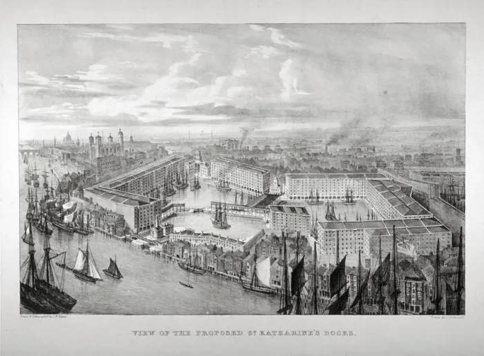 Framed Print : View of the proposed St Katharines Dock, London, c1825. Artist: Thomas Mann Baynes Framed Print : View of the proposed St Katharines Dock, London, c1825. Artist: Thomas Mann Baynes