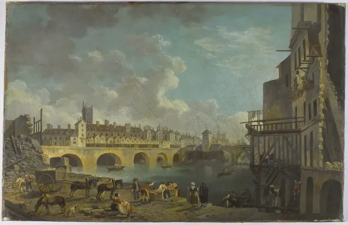 Framed Print : View of Quai de Gesvres during demolition of houses at the Pont au Change, c1788. Creator: Pierre-Antoine Demachy Framed Print : View of Quai de Gesvres during demolition of houses at the Pont au Change, c1788. Creator: Pierre-Antoine Demachy