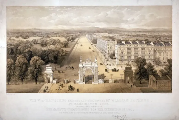 Framed Print : View of Queens Gate, Hyde Park, Kensington, London, 1857. Artist: Day & Son Framed Print : View of Queens Gate, Hyde Park, Kensington, London, 1857. Artist: Day & Son