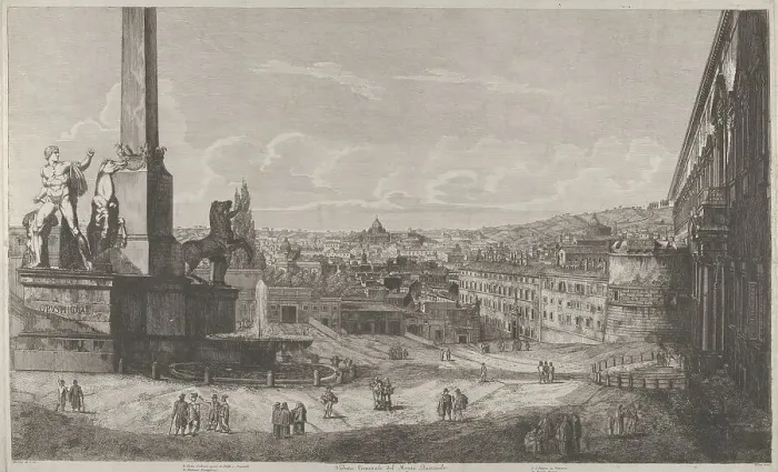 Framed Print : View of the Quirinal Hill in Rome with the fountain of the horse tamers at left, 1822. Creator: Luigi Rossini Framed Print : View of the Quirinal Hill in Rome with the fountain of the horse tamers at left, 1822. Creator: Luigi Rossini