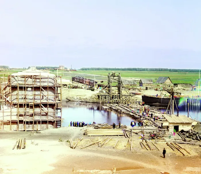 Framed Print : Side view of the railroad bridge being built across the Tobol River, Yalutorovsk, 1912. Creator: Sergey Mikhaylovich Prokudin-Gorsky Framed Print : Side view of the railroad bridge being built across the Tobol River, Yalutorovsk, 1912. Creator: Sergey Mikhaylovich Prokudin-Gorsky