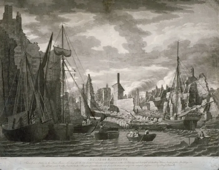 Framed Print : View of the Ratcliffe area, London, showing the ruins after the fire of 23 July, 1794 Framed Print : View of the Ratcliffe area, London, showing the ruins after the fire of 23 July, 1794