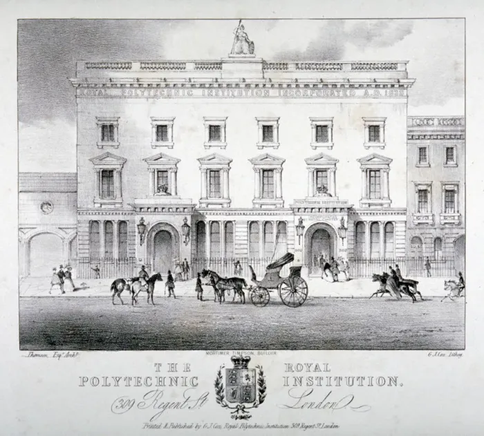 Framed Print : View of Regent Street Polytechnic with horse-drawn vehicles in front, London, c1840 Framed Print : View of Regent Street Polytechnic with horse-drawn vehicles in front, London, c1840