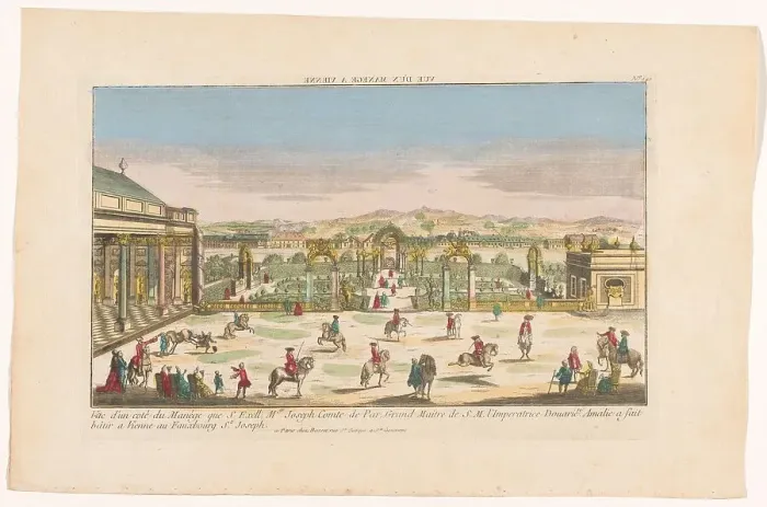 Framed Print : View of a riding school in a suburb of Vienna, 1700-1799. Creator: Anon Framed Print : View of a riding school in a suburb of Vienna, 1700-1799. Creator: Anon