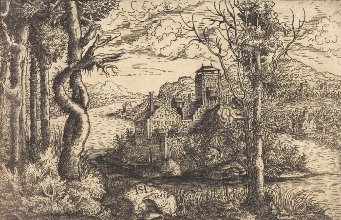 Framed Print : View on a River with a Castle on an Island, 1553. Creator: Hans Sebald Lautensack Framed Print : View on a River with a Castle on an Island, 1553. Creator: Hans Sebald Lautensack