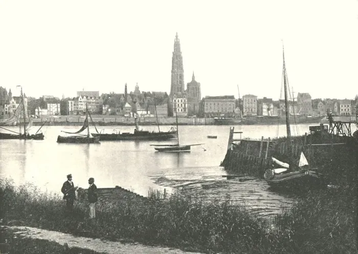 Framed Print : View across the River to the Cathedral, Antwerp, Belgium, 1895. Creator: Unknown Framed Print : View across the River to the Cathedral, Antwerp, Belgium, 1895. Creator: Unknown