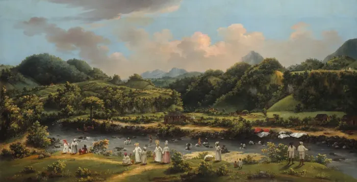 Framed Print : View on the River Roseau, Dominica, 1770 / 80. Creator: Agostino Brunias Framed Print : View on the River Roseau, Dominica, 1770 / 80. Creator: Agostino Brunias