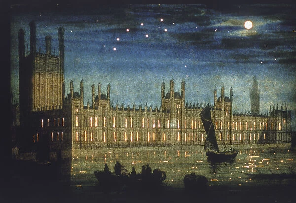 View of the River Thames and Palace of Westminster at night, c1851