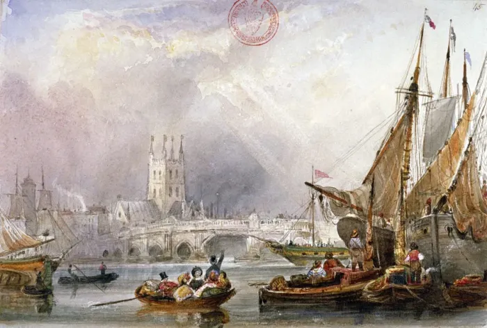 Framed Print : View of the River Thames and water craft below London Bridge, c1825 Framed Print : View of the River Thames and water craft below London Bridge, c1825