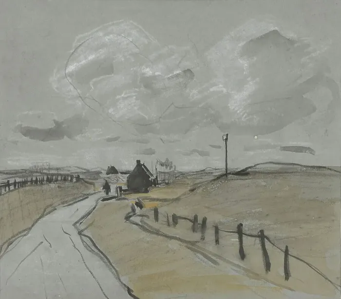 Framed Print : View along a road with high verges and fences, 1864-1936. Creator: Johannes Cornelis van Essen Framed Print : View along a road with high verges and fences, 1864-1936. Creator: Johannes Cornelis van Essen