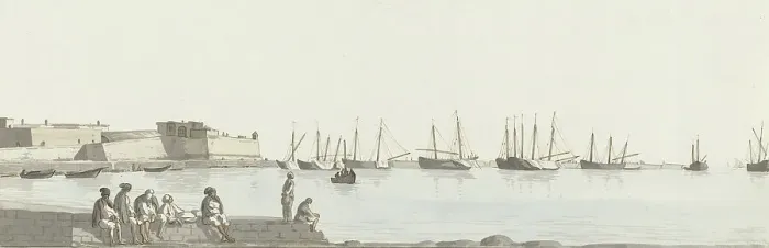 Framed Print : View of the roadstead with ships anchored at Bari, 1778. Creator: Louis Ducros Framed Print : View of the roadstead with ships anchored at Bari, 1778. Creator: Louis Ducros