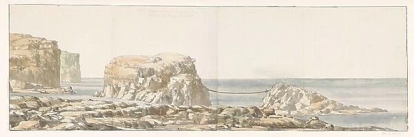 View of rock detached from shore in a cove on Gozo, 1778. Creator: Louis Ducros