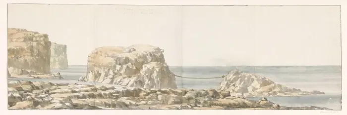 Framed Print : View of rock detached from shore in a cove on Gozo, 1778. Creator: Louis Ducros