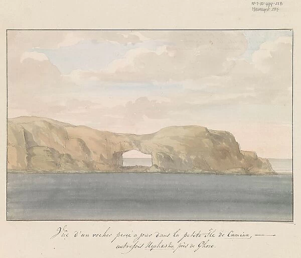 View of rock with hole on small island of Comino near Gozo, 1778. Creator: Louis Ducros