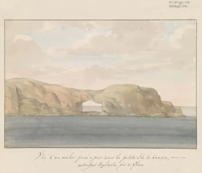 Framed Print : View of rock with hole on small island of Comino near Gozo, 1778. Creator: Louis Ducros Framed Print : View of rock with hole on small island of Comino near Gozo, 1778. Creator: Louis Ducros