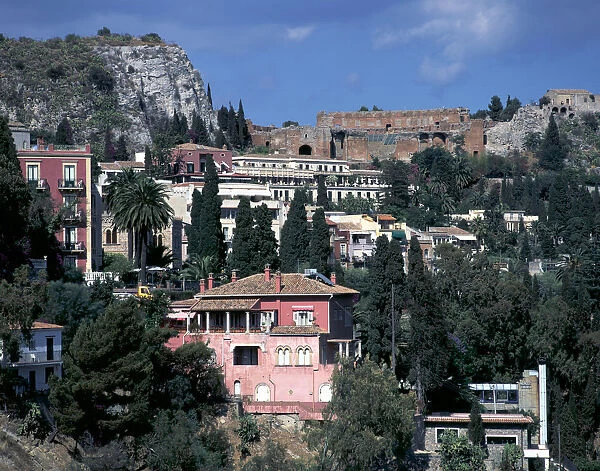 View from Via Roma to Greek theatre, Taormina, Sicily, Italy