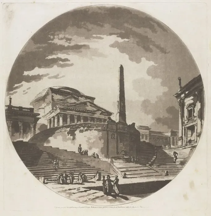 Framed Print : View of the Rotunda with Stairs on the Tiber, 1766. Creator: Jean-Claude-Richard de Saint-Non Framed Print : View of the Rotunda with Stairs on the Tiber, 1766. Creator: Jean-Claude-Richard de Saint-Non