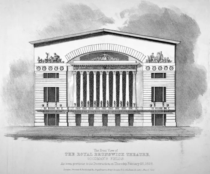 Framed Print : Front view of the Royal Brunswick Theatre, Goodmans Fields, Stepney, London, 1828 Framed Print : Front view of the Royal Brunswick Theatre, Goodmans Fields, Stepney, London, 1828