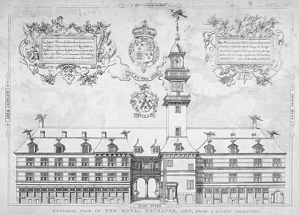 View of the Royal Exchange with coats of arms above, City of London, 1569