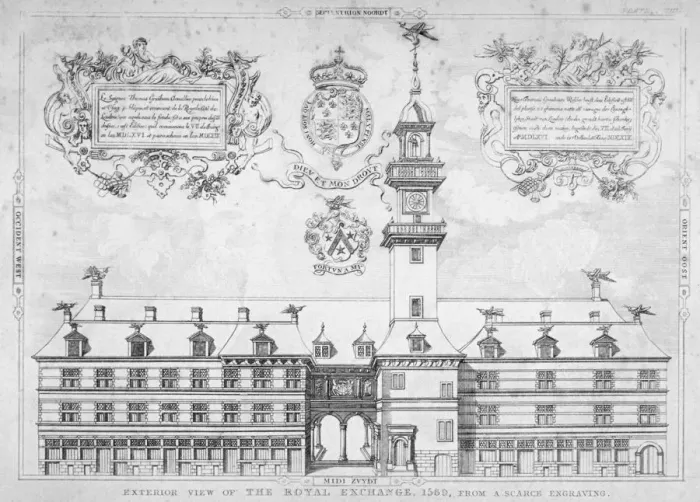 Framed Print : View of the Royal Exchange with coats of arms above, City of London, 1569 Framed Print : View of the Royal Exchange with coats of arms above, City of London, 1569