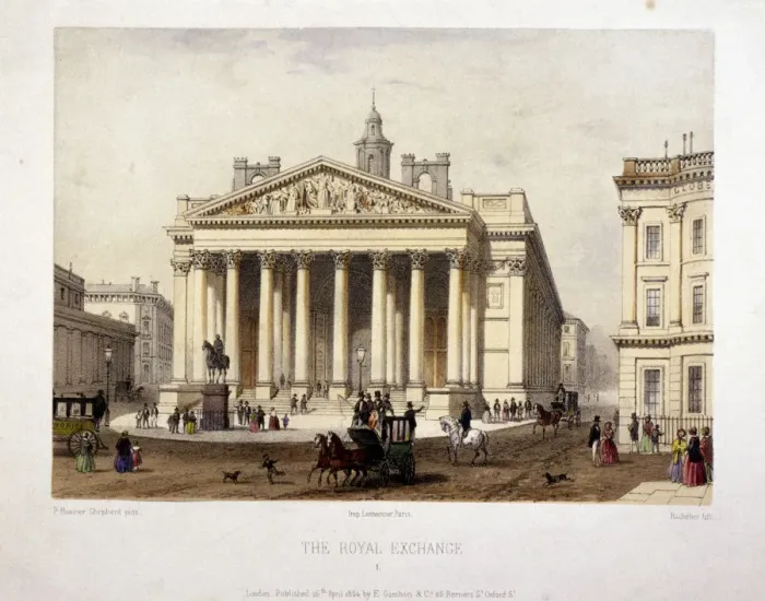 Framed Print : View of the Royal Exchanges west front, London, 1854. Artist: Charles Claude Bachelier Framed Print : View of the Royal Exchanges west front, London, 1854. Artist: Charles Claude Bachelier