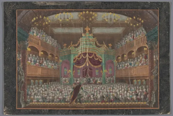 Framed Print : View of the royal lodge of the Schouwburg in Amsterdam with a performance for Willem V, 1768-1799 Creator: Anon Framed Print : View of the royal lodge of the Schouwburg in Amsterdam with a performance for Willem V, 1768-1799 Creator: Anon