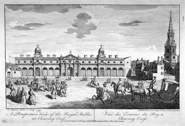 Framed Print : View of the royal stables in the Kings Mews, Charing Cross, Westminster, London, 1753 Framed Print : View of the royal stables in the Kings Mews, Charing Cross, Westminster, London, 1753