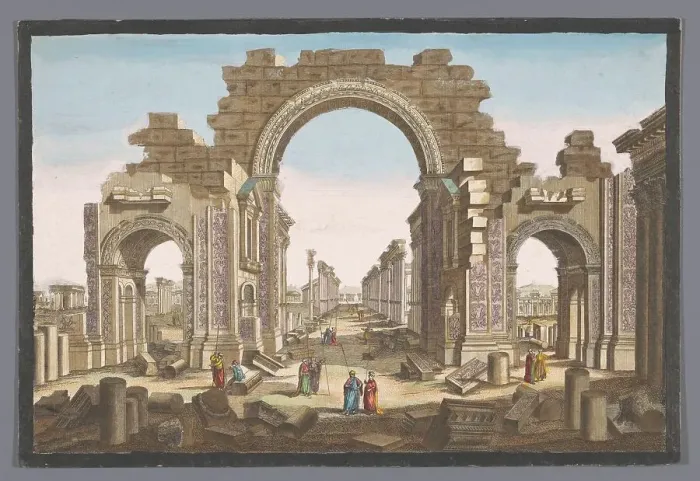 Framed Print : View of the ruin of the arch of the colonnade at Palmyra, seen from the east, 1745-1775. Creator: Anon Framed Print : View of the ruin of the arch of the colonnade at Palmyra, seen from the east, 1745-1775. Creator: Anon