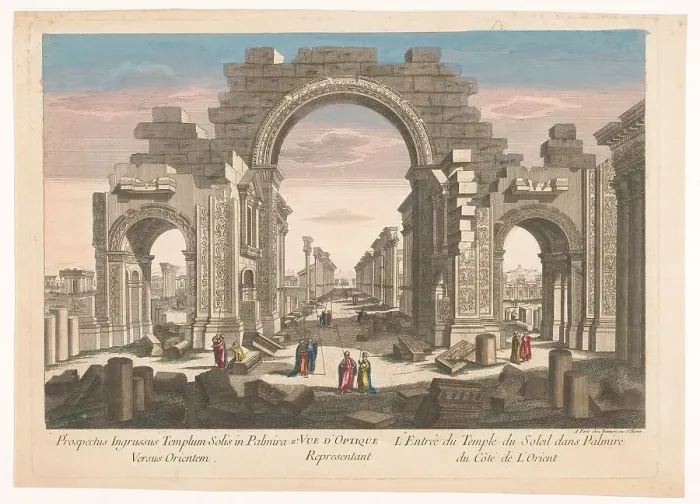 Framed Print : View of the ruin of the arch of the colonnade at Palmyra, seen from the east, 1745-1775. Creator: Anon Framed Print : View of the ruin of the arch of the colonnade at Palmyra, seen from the east, 1745-1775. Creator: Anon