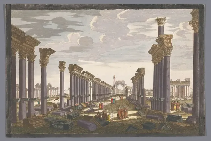 Framed Print : View of the ruin of the arch of the colonnade at Palmyra, seen from the west, 1745-1775. Creator: Anon Framed Print : View of the ruin of the arch of the colonnade at Palmyra, seen from the west, 1745-1775. Creator: Anon