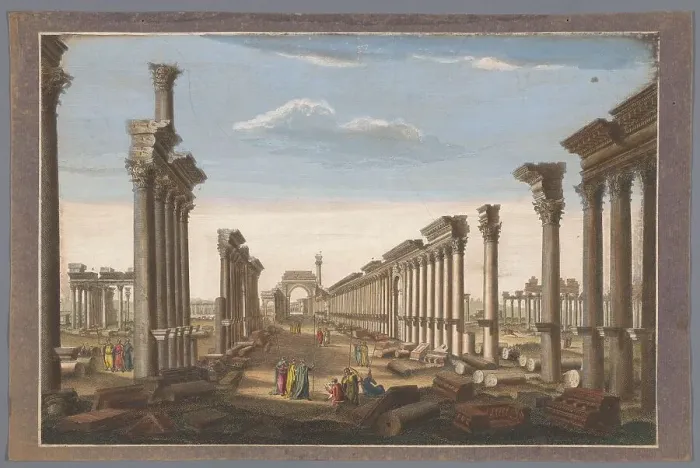 Framed Print : View of the ruin of the arch of the colonnade at Palmyra, seen from the west side, 1745-1794. Creator: Anon Framed Print : View of the ruin of the arch of the colonnade at Palmyra, seen from the west side, 1745-1794. Creator: Anon