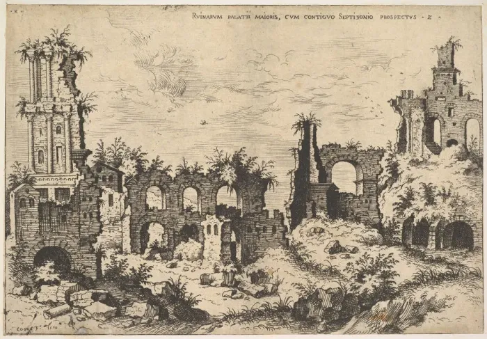 Framed Print : View of ruins on the Palatine Hill with trabeated facade at left and arcades at center Framed Print : View of ruins on the Palatine Hill with trabeated facade at left and arcades at center