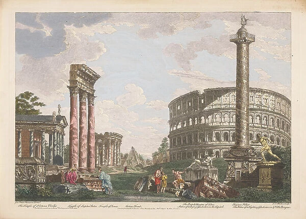View of the ruins of the temple of Jupiter Stator, the amphitheater of Statilius Taurus... 1753. Creator: John Miller