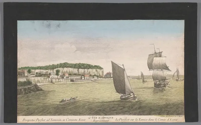 Framed Print : View of sailing ships on the River Theems in Purfleet, 1745-1775. Creator: Anon Framed Print : View of sailing ships on the River Theems in Purfleet, 1745-1775. Creator: Anon