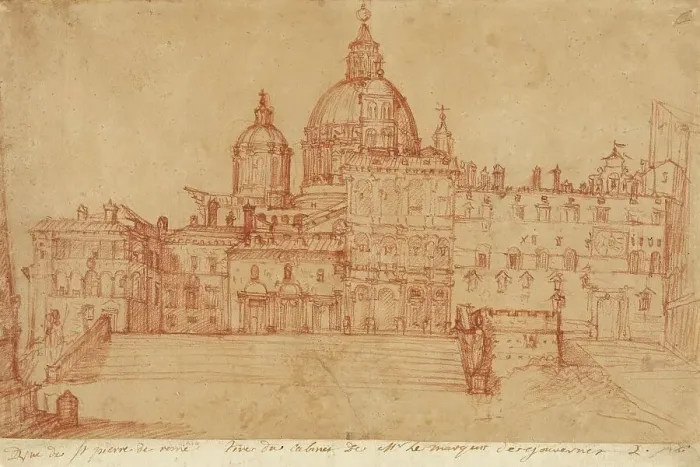 Framed Print : View of Saint Peter's (recto); Study of a Young Man (verso), 1603. Creator: Federico Zuccaro Framed Print : View of Saint Peter's (recto); Study of a Young Man (verso), 1603. Creator: Federico Zuccaro