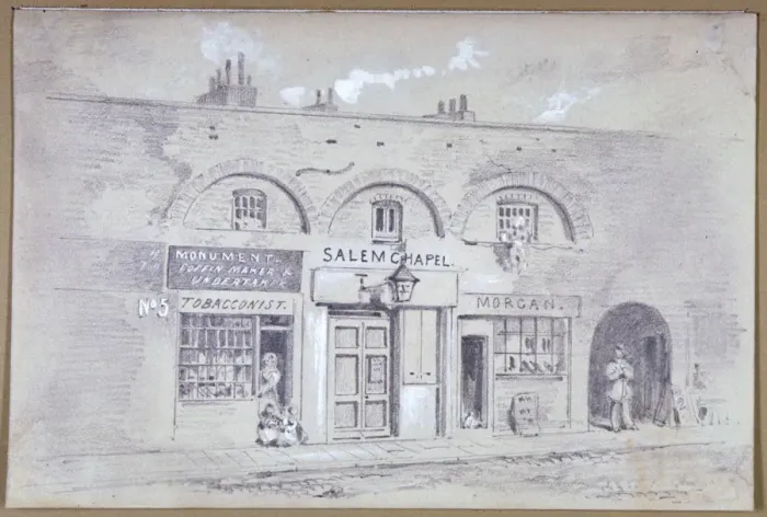 Framed Print : View of Salem Chapel and a tobacconists in Fitzroy Square, London, 1853. Artist Framed Print : View of Salem Chapel and a tobacconists in Fitzroy Square, London, 1853. Artist