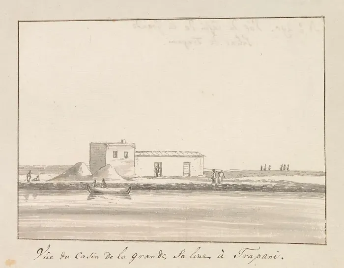 Framed Print : View of salt shack at large salt pan in Trapani, 1778. Creator: Louis Ducros Framed Print : View of salt shack at large salt pan in Trapani, 1778. Creator: Louis Ducros