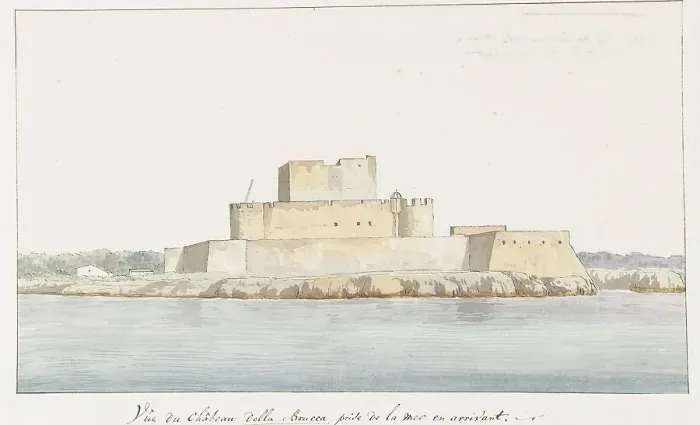 Framed Print : View of San Mauro la Bruca Castle from the sea, 1778. Creator: Louis Ducros Framed Print : View of San Mauro la Bruca Castle from the sea, 1778. Creator: Louis Ducros