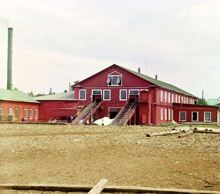 Framed Print : View of the sawmill, Kovzha [Russian Empire], 1909. Creator: Sergey Mikhaylovich Prokudin-Gorsky