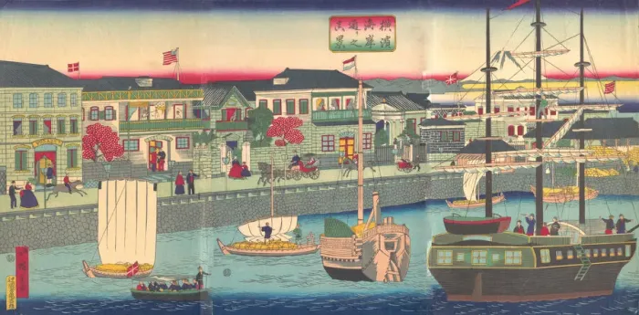 Framed Print : View of the Seafront in Yokohama (Yokohama Kagandori no fukei), 5th month, 1870. Creator: Utagawa Hiroshige III Framed Print : View of the Seafront in Yokohama (Yokohama Kagandori no fukei), 5th month, 1870. Creator: Utagawa Hiroshige III