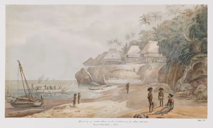 Framed Print : View of a settlement from the east coast of Workai, Aru Islands, Southeast Moluccas, 1824. Creator: Adrianus Johannes Bik Framed Print : View of a settlement from the east coast of Workai, Aru Islands, Southeast Moluccas, 1824. Creator: Adrianus Johannes Bik