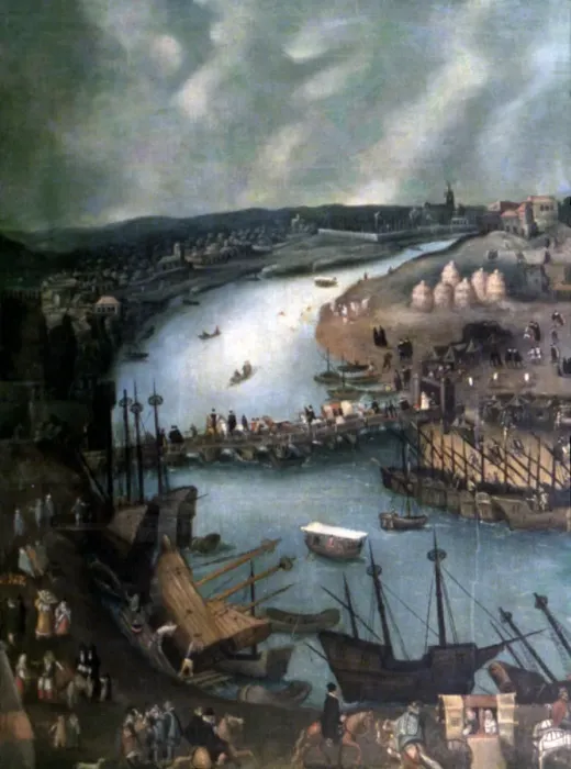 Framed Print : View of Seville, detail of the left side. Oil work by Sanchez Coello Framed Print : View of Seville, detail of the left side. Oil work by Sanchez Coello