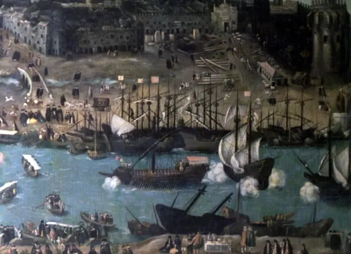 Framed Print : View of Seville, detail of the right side. Oil work of Sanchez Coello