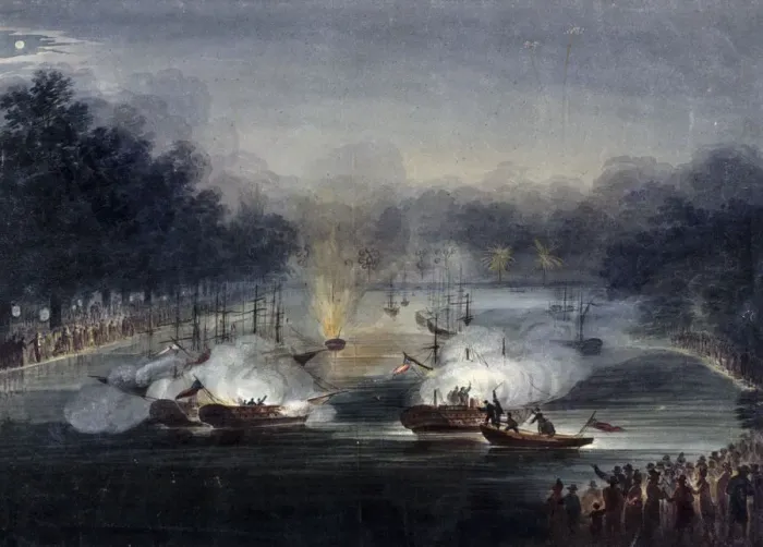 Framed Print : View of a sham fight on the Serpentine, Hyde Park, London, 1814. Artist: Charles Calvert Framed Print : View of a sham fight on the Serpentine, Hyde Park, London, 1814. Artist: Charles Calvert