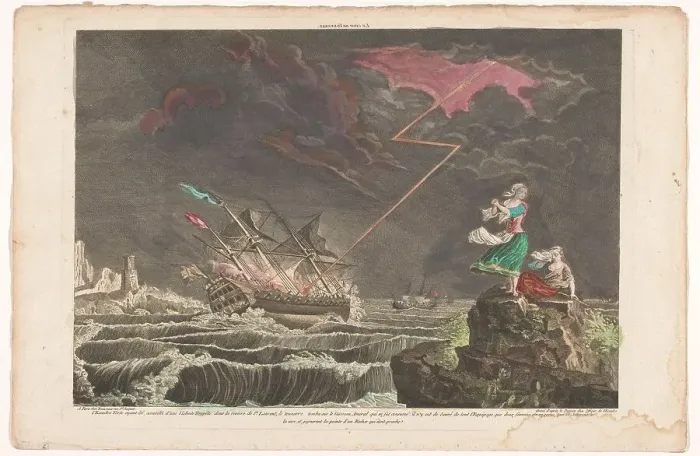 Framed Print : View of a ship struck by lightning at sea, 1700-1799. Creator: Unknown Framed Print : View of a ship struck by lightning at sea, 1700-1799. Creator: Unknown